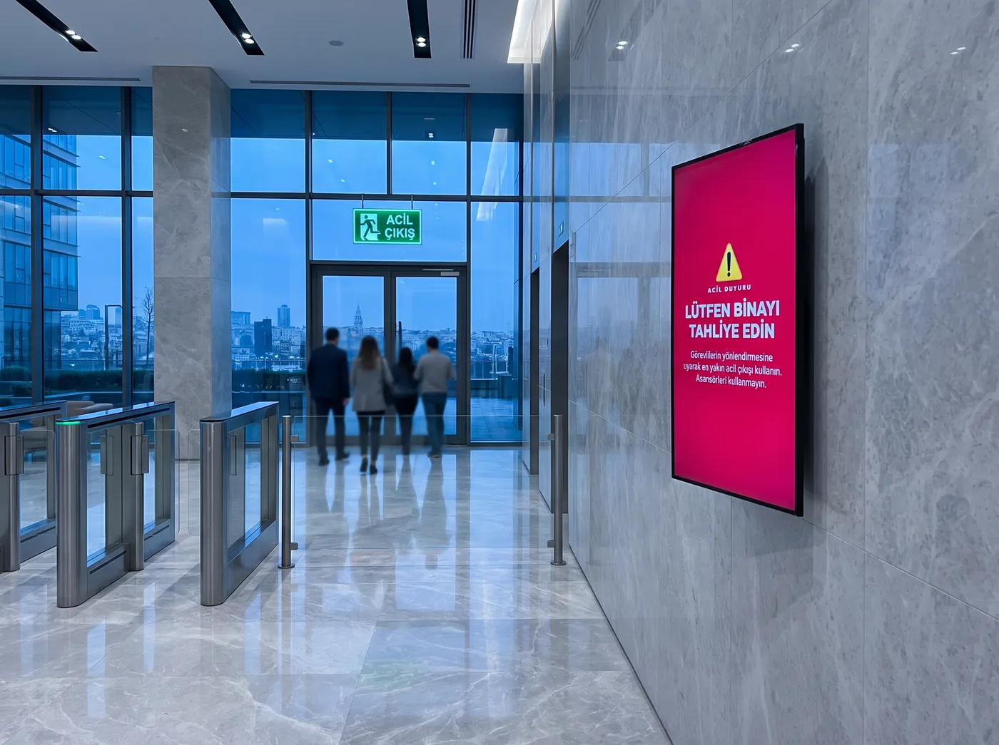 Ofis binası lobisinde duvar ekranında tahliye uyarısı
