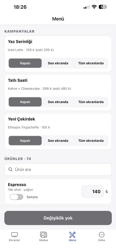 Uygulamada menü ve fiyat düzenleme