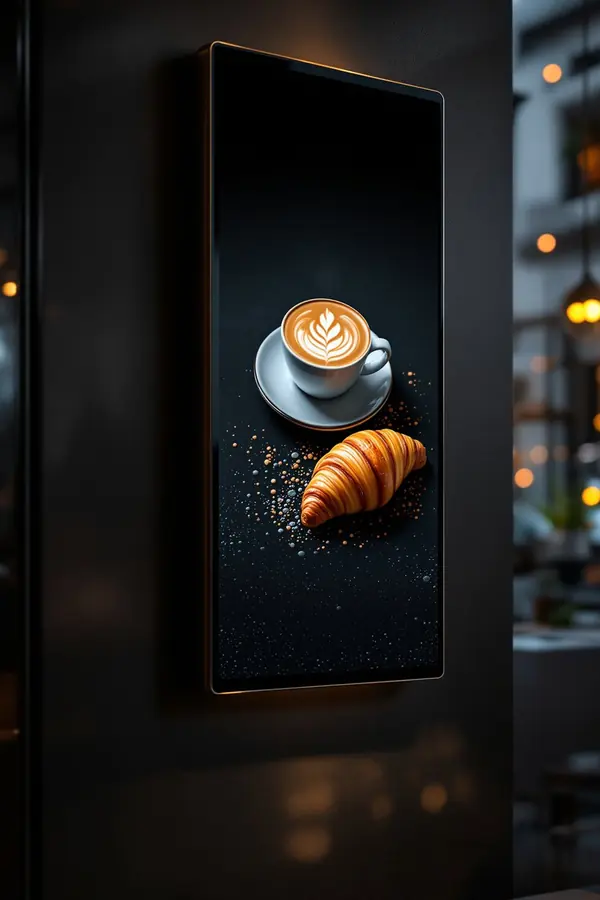 Kafe duvarında dikey menü ekranı